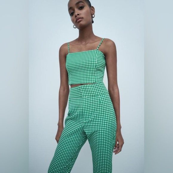 Zara‎ Green Checkered Seersucker Cropped Pants Size Small - Picture 9 of 9
